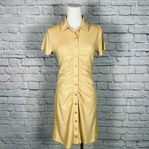 Pink Rose Women's L Yellow Ribbed Button Front Dress Ruched Retrocore Chiccore